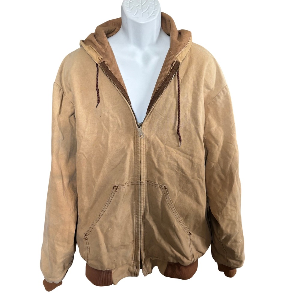 Vintage 90s KEY Tan Duck Canvas Hooded Work Jacket Distressed Thermal Lined